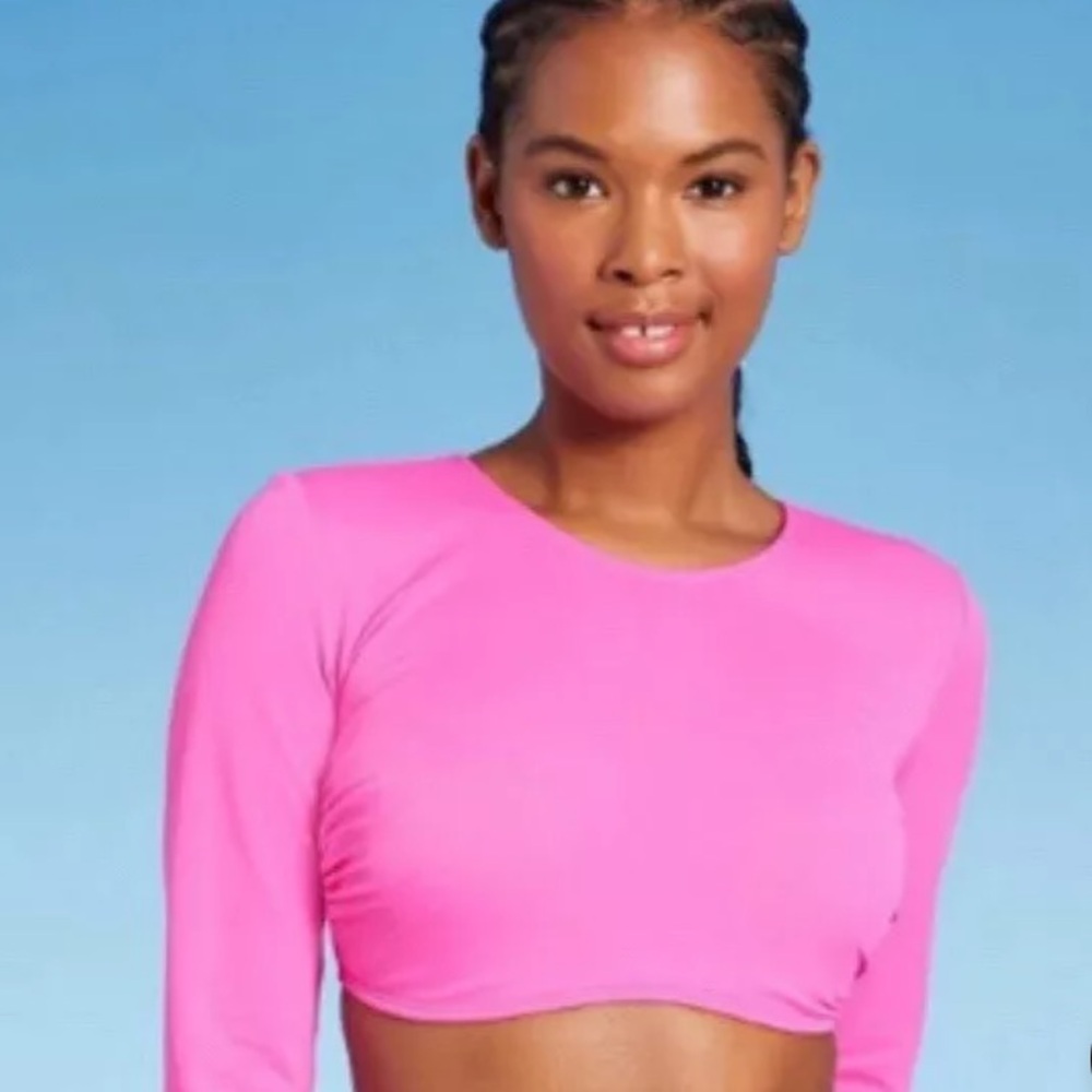 Wild Fable Pink Long Sleeve Tie Front Crop Swim Top